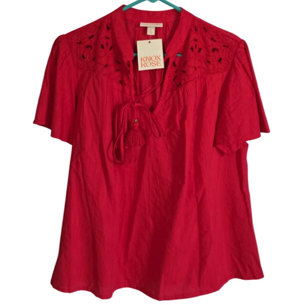 NWT Knox Rose Red Short Sleeve Blouse with front tassel tie